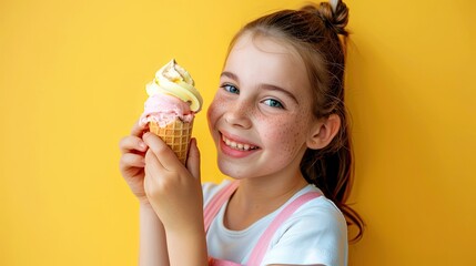 A smiling girl with an ice cream in his hand, on yellow background, studio shot.