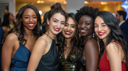 Obraz premium Several women standing in a group side by side, posing for a picture or waiting in a line