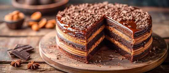 Dobos Torte is a Hungarian sponge cake layered with chocolate buttercream and topped with a caramel glaze. The cake is known for its distinctive caramel topping cracked into pieces - obrazy, fototapety, plakaty