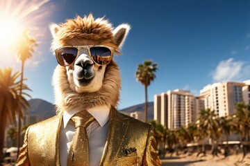 Cute Alpaca llama wearing sunglasses and a gold suit in an exotic cityscape setting. Generative AI