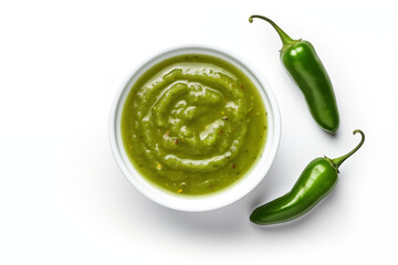 bowl of green chili verde salsa dip from above isolated on white studio background with two jalapeño peppers - Powered by Adobe