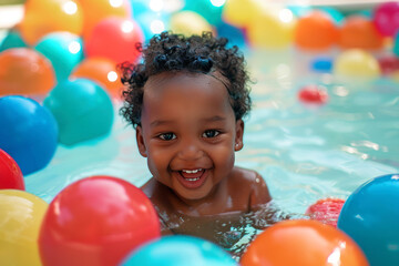 Fototapeta na wymiar A joyful afro american toddler among colorful play balls in swimming pool, smiling at the camera