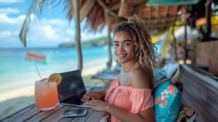 20s African American woman sitting at a table with a laptop and a drink at the beach, smiling freelance on a laptop, concept of remote work and freedom 