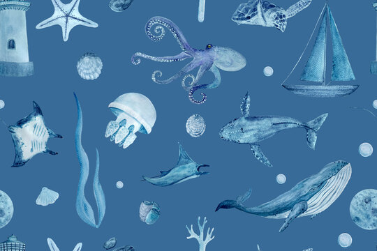 Watercolor hand-drawn blue monochromatic seamless pattern isolated on blue. Whales, manta rays, shells, starfish, jellyfish and octopus