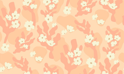 Abstract flowers seamless pattern. Florals simple background, leaves in hippie style. Modern groovy vector illustration design.