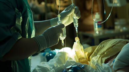 Medical Professional Performing Intravenous (IV) Line Insertion in Clinical Setting