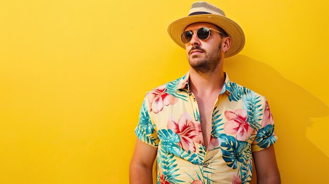 Portrait of a young man with a beard and sunglasses, wears a colorful Hawaiian t-shirt, isolated on yellow background.