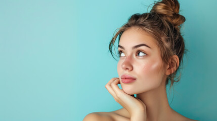 An attractive young girl looking away thinking on pastel blue background