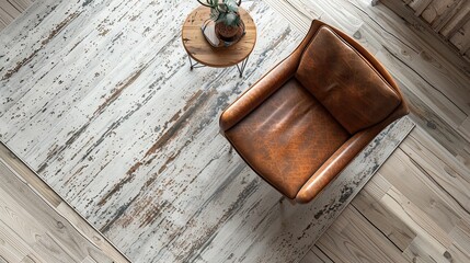 A rug in a wood laminate floor with a wooden and leather stylist chair in the middle - obrazy, fototapety, plakaty