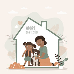 Adopt friend, don't shop - people hugging new dog friend at home. Banner about pet adoptation. Animal care, adoption. Help homeless animals find home concept