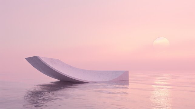 An abstract and distorted view of a slanted plate surrounded by water, in the style of light pink, minimalist stage designs.