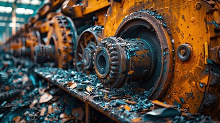 Rusty mechanical gears, broken and abandoned machine. - obrazy, fototapety, plakaty