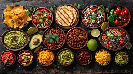 Assortment of Mexican food to make burritos and tacos, on a black table, top view.