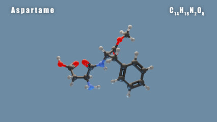Aspartame molecule of C14H18N2O5 3D Conformer render. Food additive E951. Isolated background.