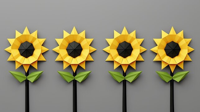 4 origami sunflowers, icon style.