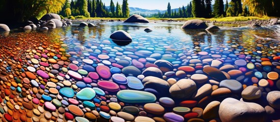 The water is filled with various colored rocks, creating a beautiful natural landscape. A sight to behold for any nature lover or art enthusiast