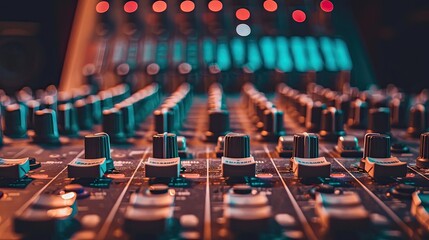 Mixer sound console, closeup to buttons and knobs. - obrazy, fototapety, plakaty