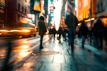 Blurry image capturing a group of people in motion on a city sidewalk during the early morning hours. - obrazy, fototapety, plakaty