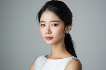 Fototapeta premium Beautiful Korean woman on a gray background.