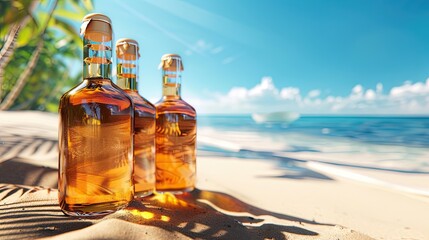 Three bottles of rum on the sand beach, with the sea and palm trees in the background. - obrazy, fototapety, plakaty