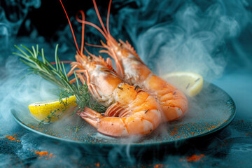 Steaming grilled shrimp with lemon.