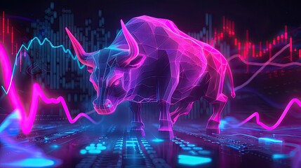 Angry bull on a market stock chart pattern, pink and blue neon light glow. - obrazy, fototapety, plakaty