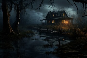 Mysterious Scary house night. House night. Generate Ai - obrazy, fototapety, plakaty