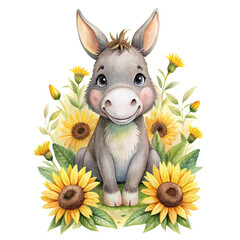 cute donkey among sunflowers