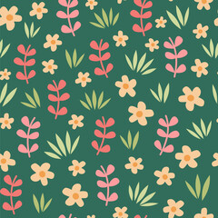 cute hand drawn colorful spring seamless vector pattern illustration with daisy flowers, grass and branch with leaves on green background