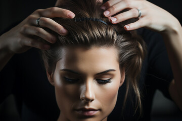 Fototapeta premium AI generated image of beautiful model woman in the hairdresser salon gets a new haircut