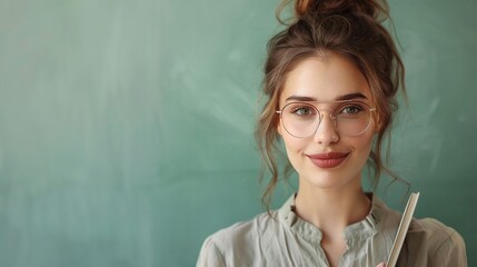 Encouraging Woman Teacher with Textbook and Pointer Against Light Green Background


