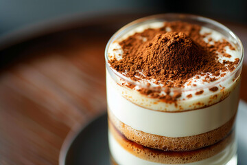 Close-up of classic tiramisu, rich cocoa layer. Italian gourmet dessert, coffee-flavored, creamy delight. Suitable for confectionery promotion, culinary arts showcase - obrazy, fototapety, plakaty