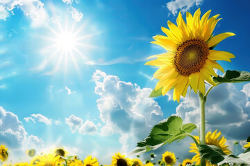 Sunflower with beautiful blue sky with clouds and sun