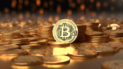 Digital Currency Concept, 3D Styled Bitcoin and Coin Stack Background