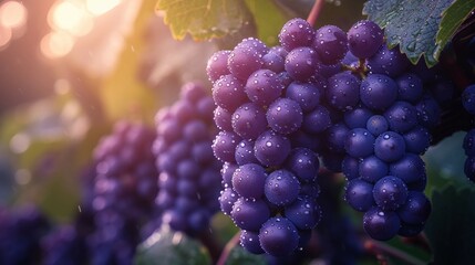 A plump grapes on the vine, shimmering with dew drops. AI generate illustration - obrazy, fototapety, plakaty