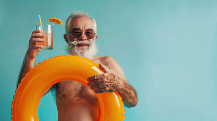 Shirtless old man with inflatable ring and glass of cocktail on pastel blue background - obrazy, fototapety, plakaty