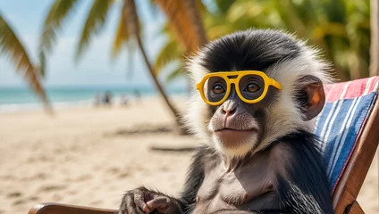 Deurstickers cute monkey relaxing on the beach sunny © tanya78