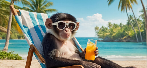 cute monkey relaxing on the beach paradise