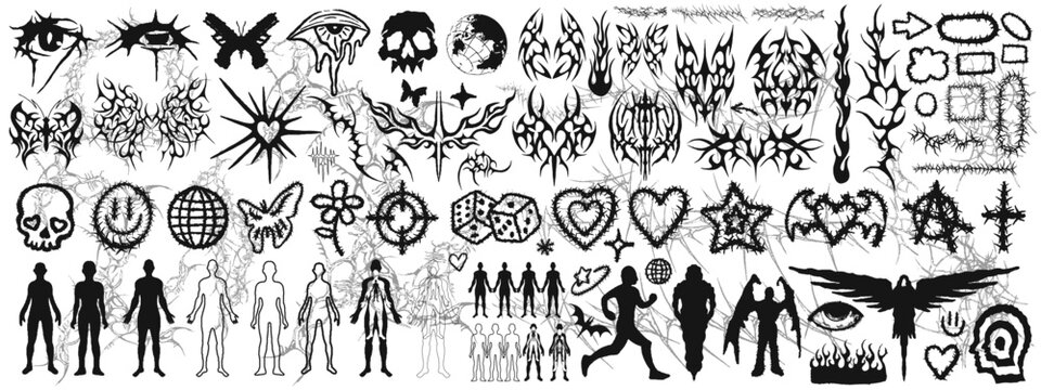 Collection Of Grunge Y2k Tattoo Streetwear Graphic Elements. Gothic Neo Tribal Cyber Sigilism Shapes Vector Design.