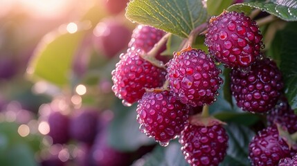 Closeup of ripe mulberries, their deep purple hues intensified by dew drops. AI generate illustration - obrazy, fototapety, plakaty