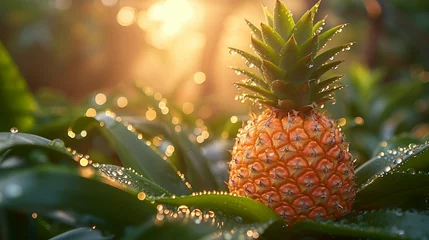 Fotobehang A tropical delight of a pineapple with dew drops. AI generate illustration © PandaStockArt