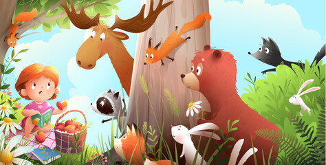 Fairytale forest with animals and a little girl reading a book. Cute bear fox moose rabbit and others meet a girl in woods. Vector hand drawn illustrated nature and animals scenery for children. - 762440905