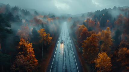 aerial view of a car driving down a road in the rain with trees in the background, calm and...