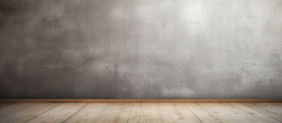 An empty room with a hardwood brown wooden floor and a grey concrete wall, featuring a rectangular pattern of laminate flooring with tints and shades of wood stain - obrazy, fototapety, plakaty