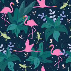 cute hand drawn seamless vector pattern illustration with pink flamingos, colorful plants and leaves, green lizard on blue background	 - 762441527