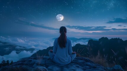 Moonlit Meditation Overlooking Majestic Mountain Vistas