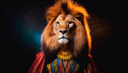 Portrait of a lion wearing a costume of the American Indian.