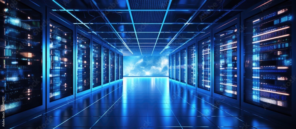 Poster the server room in the building is filled with rows of servers and electric blue lights, creating a 