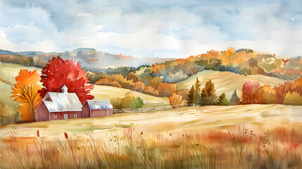 A watercolor of a quaint countryside, with rolling hills as the background, during an autumn harvest