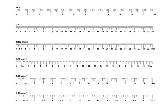 Grids for a ruler in millimeter, centimeter, meter and inch. Rulers mm, cm, m scale. metric units measuring scale bars for ruler. scale 1:100, 1:75, 1:50 and 1:25. Tape measure. Tools sign